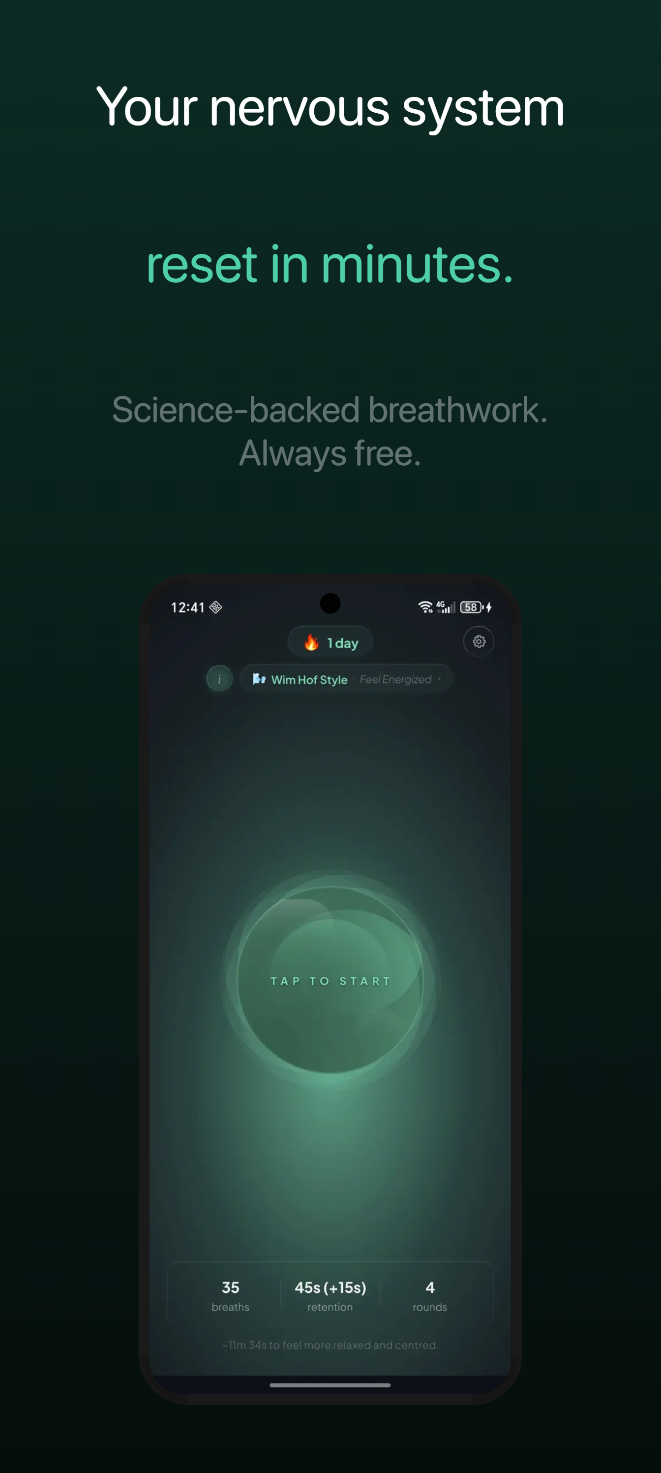 Aero idle screen showing the breathing orb and Wim Hof Style technique